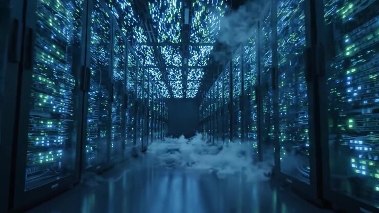 A Glimpse into a Futuristic Data Center: A Visual Journey through Rows of Illuminated Server Racks and Ethereal Fog Representing High-Tech Computing Environments