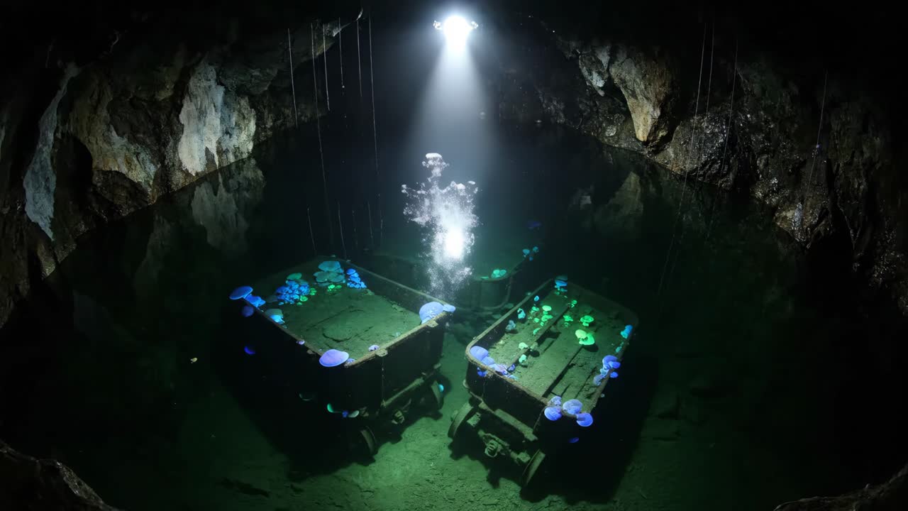 Underwater Abandoned Mine with Bioluminescent Mushrooms