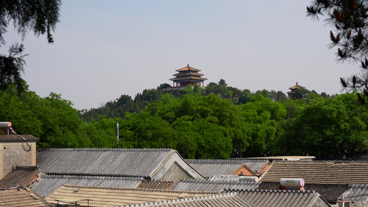 Wanchun Pavilion on the top of Jingshan Hill distant view from Jingshan Park, Beijing, China