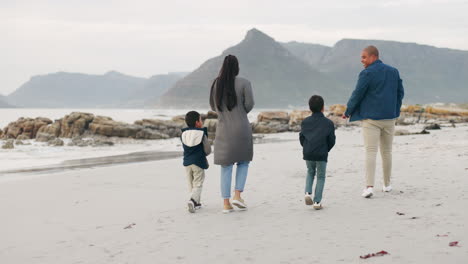 beach, walking and back of parents