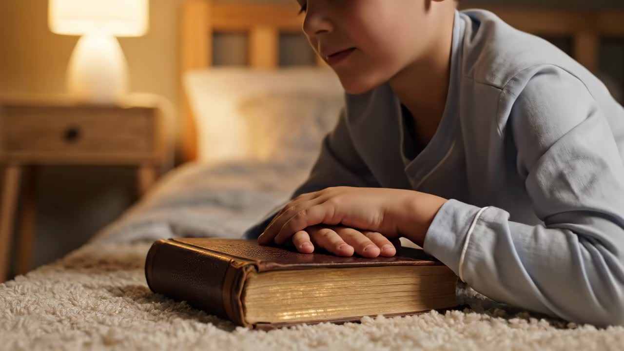 Boy reading book in bed at night