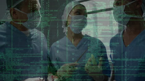 animation of data processing over diverse male and female surgeons talking in operating theatre