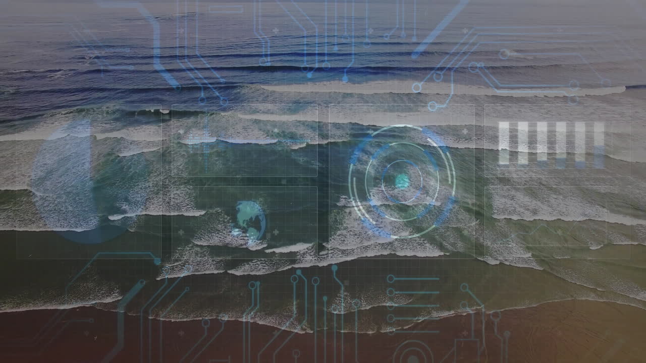 Animating ocean waves rolling onto sandy shore, featuring translucent HUD overlays in 3D render