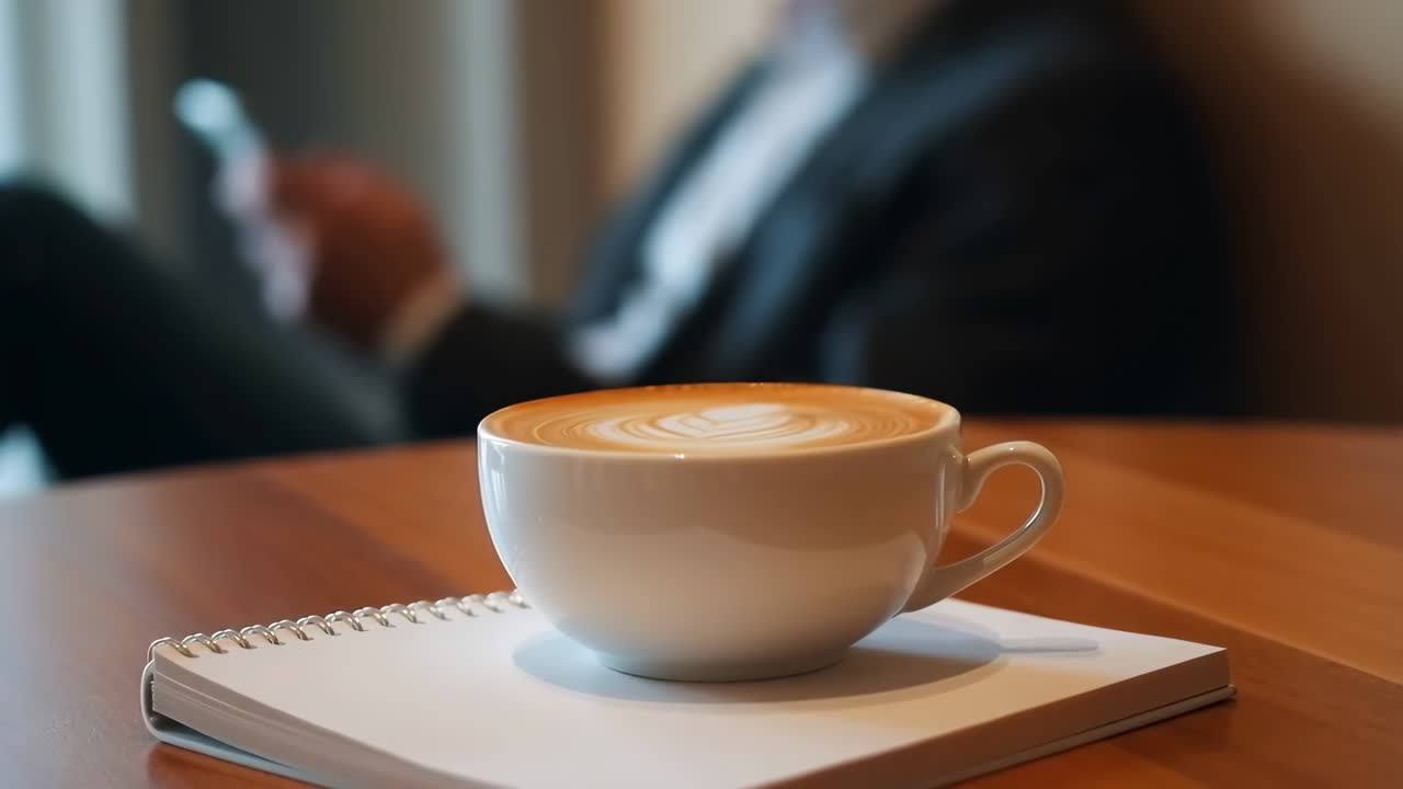 Latte art on a notebook with a person using a phone in the background