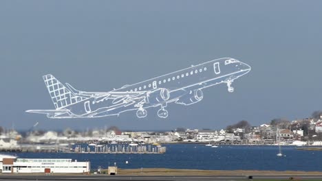 a transparent, sketchy outline of an airplane slowly comes into focus and color against a clear blue sky