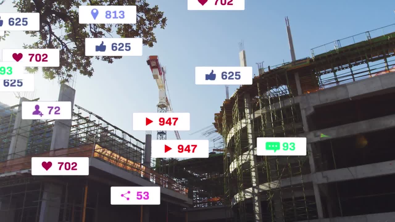 animación de iconos de medios sobre el paisaje urbano
