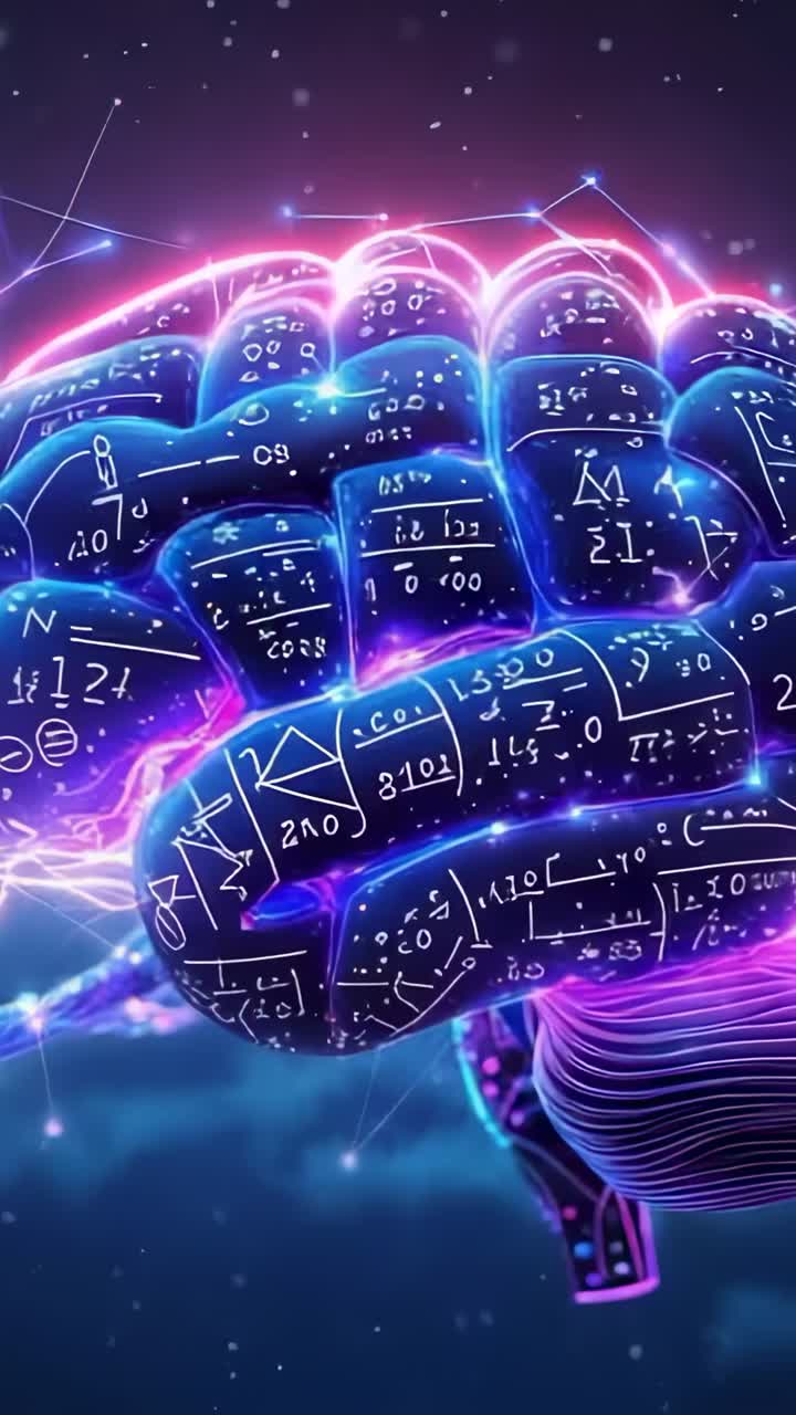 Vertical video: Sequence starting neon 3D brain pulsing in shifting hues amid stars, with equations