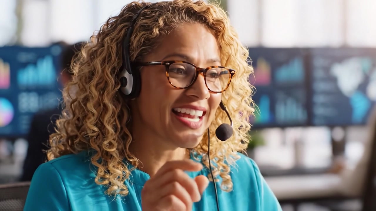 Operatore del servizio clienti cordiale che assiste i clienti con un sorriso amichevole, utilizzando tecnologia avanzata in un moderno ambiente di call center