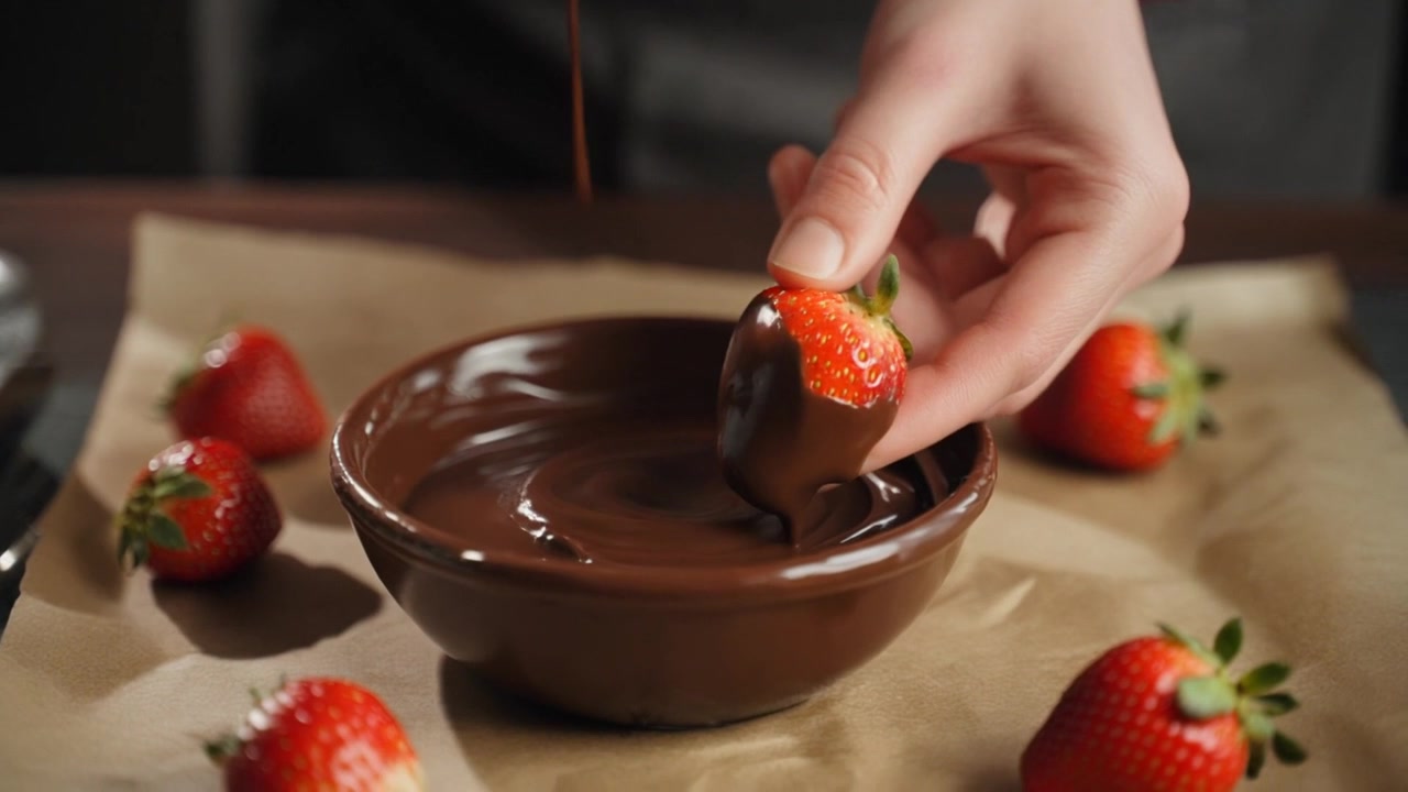 Persona che intinge fragole fresche nel cioccolato fuso