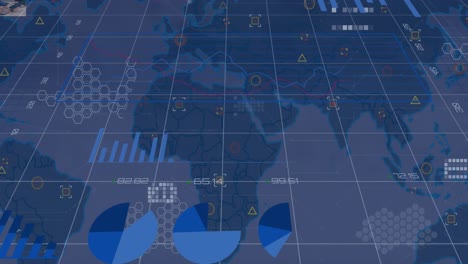 animación del procesamiento de datos financieros sobre la cuadrícula y el mapa del mundo