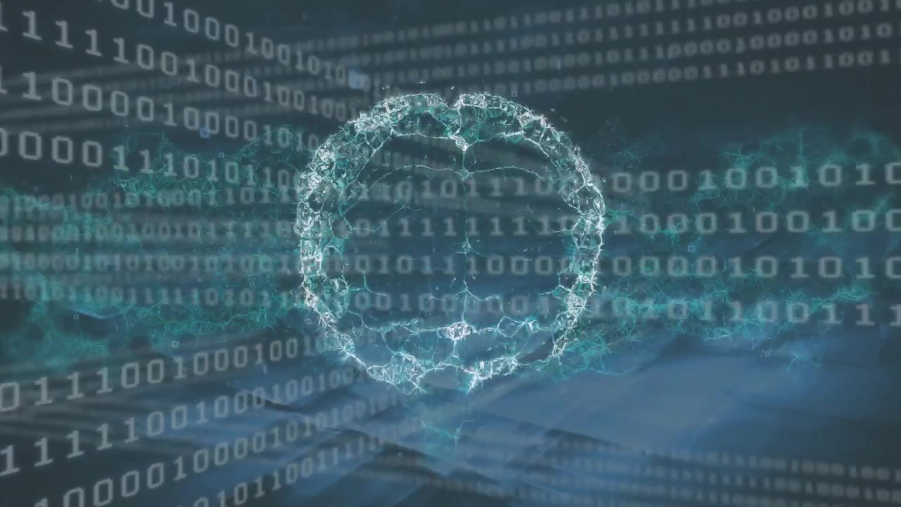 Animated illustration cascading binary code igniting neon cyan brain rotating simulating data flow