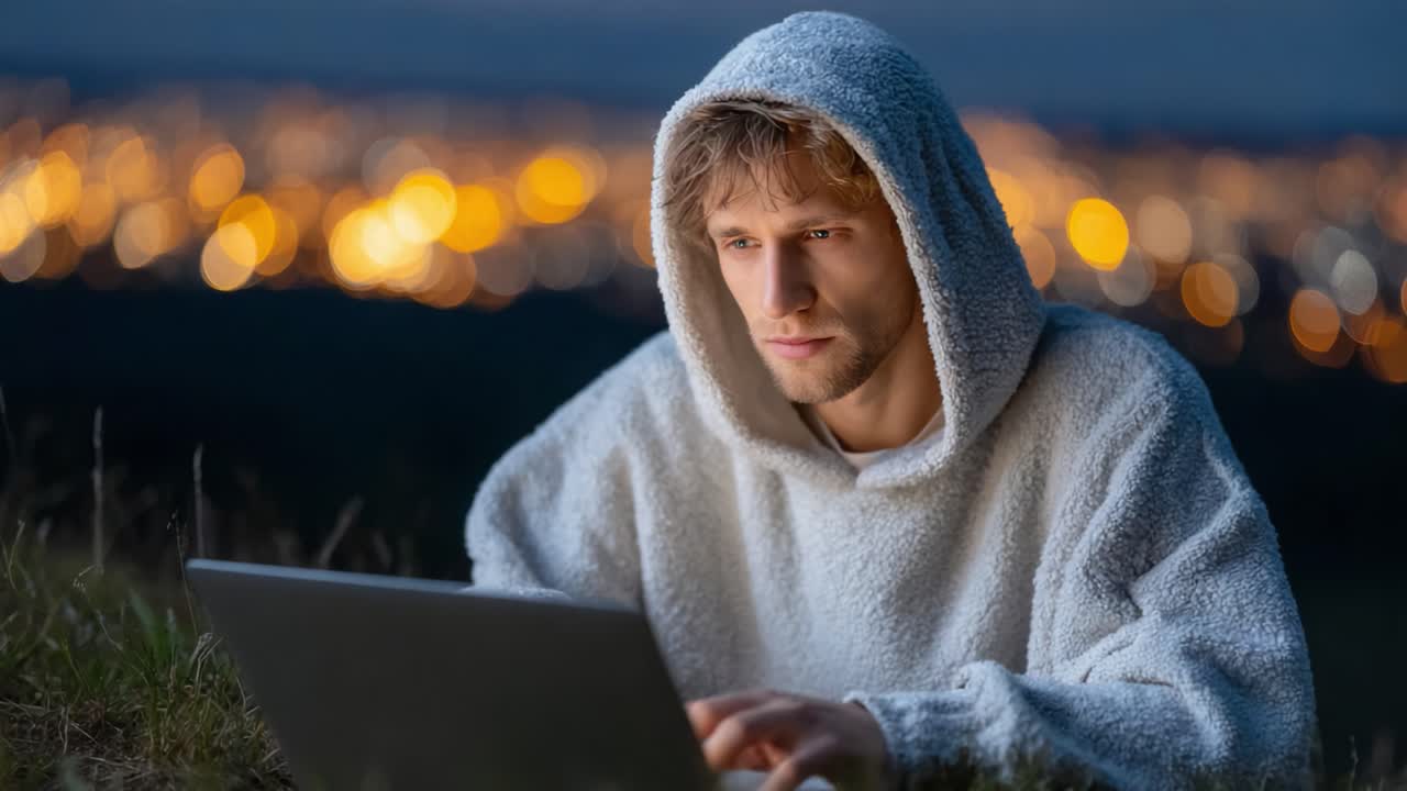En eftertænksom person fordybet i sit arbejde på en bærbar computer udendørs om natten, omgivet af et smukt bybillede oplyst af fjerne lys og stjerner