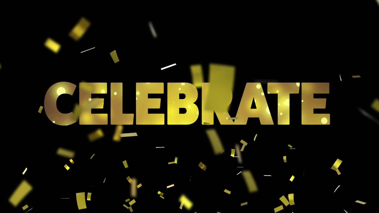Animation of celebrate text and confetti falling on black background