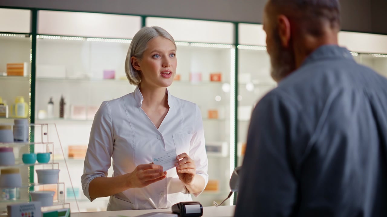 Apothecary staff reading prescriptions standing cashier to man client closeup