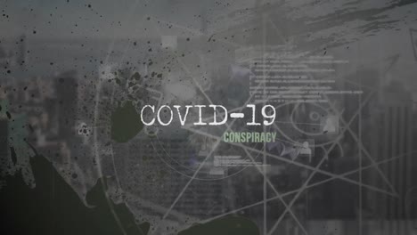 animation of covid 19 conspiracy text over cityscape