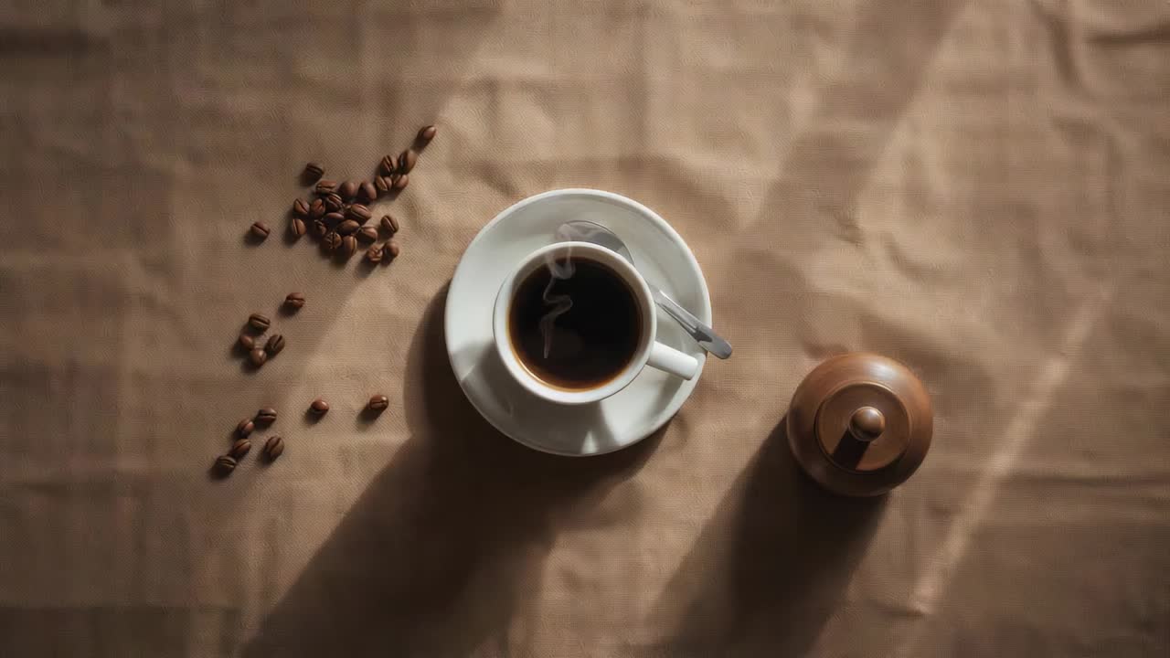Rygende varm hvid kop sort kaffe på rynket stof, ske på underkop, skiftende skygger