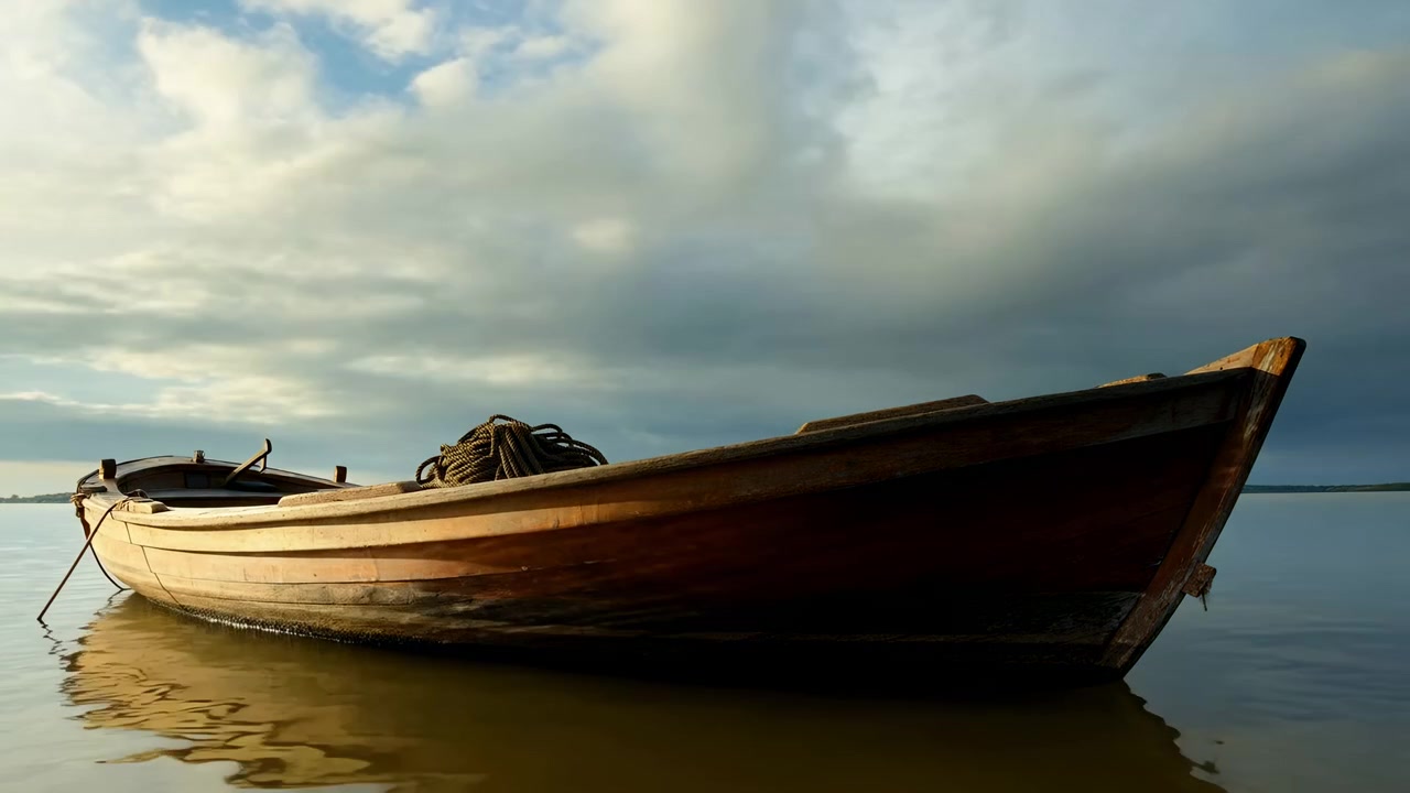 Barca a remi in legno invecchiato ormeggiata in acque calme e poco profonde sotto un vasto cielo nuvoloso con luce soffusa e mutevole, corda arrotolata sulla falchetta, texture rustiche, riflessi, atmosfera marittima serena.