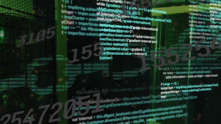 Animazione di elaborazione dati e catena di sicurezza informatica su server.