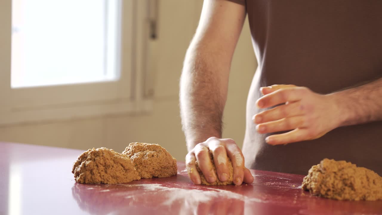 Man making vegan meat. Process, how to cook seitan