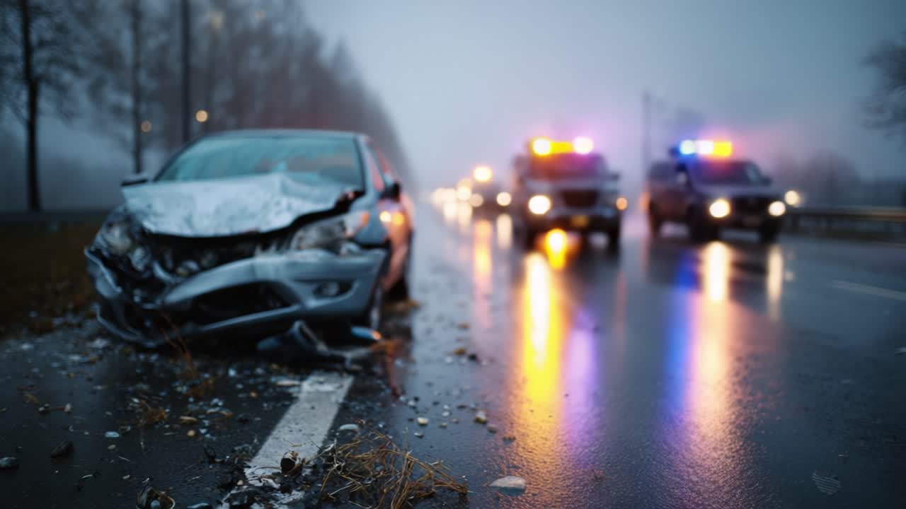 Uma cena dramática se desenrola em uma estrada chuvosa após um acidente de carro, com veículos de emergência chegando ao incidente caótico, destacando a gravidade da segurança no trânsito.
