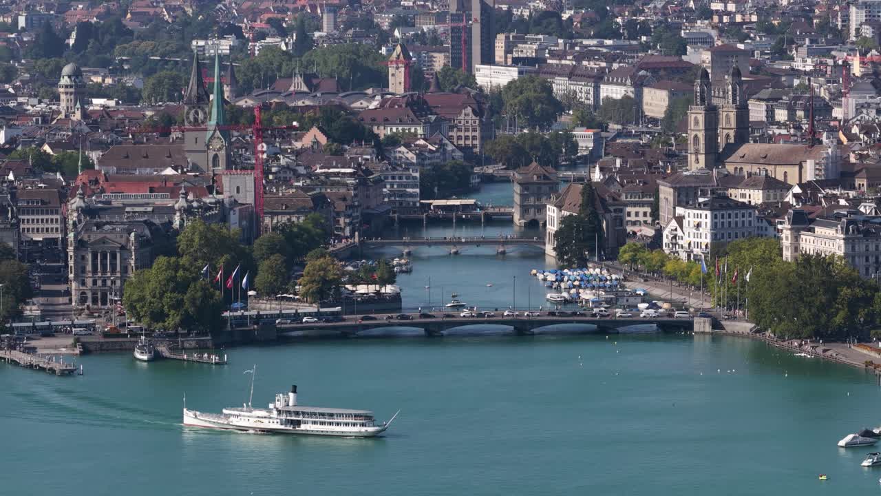 Aerial drone video of Zurich city views, Zurich Lake, cathedrals, skyline, and Limmat River