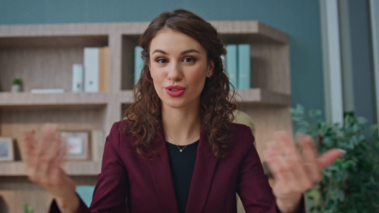 Business coach talking online conference pov view. Closeup  girl call