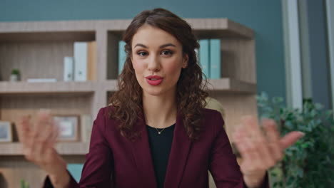 Business coach talking online conference pov view. Closeup  girl call