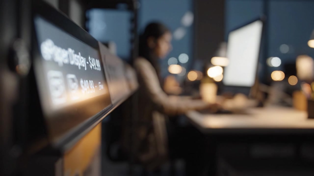 Modern Workspace Featuring ePaper Display Technology and a Focused Individual Engaged in Work Amidst Soft Ambient Lighting in a Contemporary Office Setting
