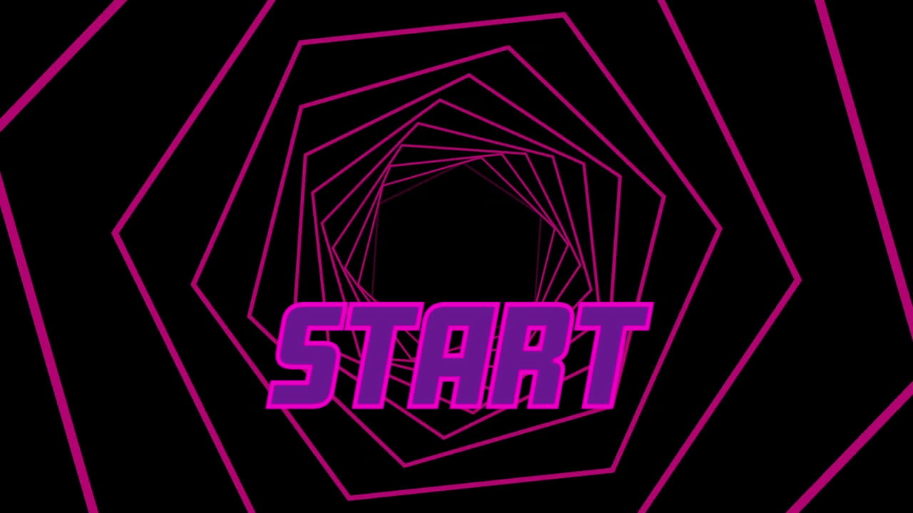 Animation of start over pink hexagons rotating on black background