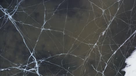 white icy veins in frozen iceland lake during winter season, top down