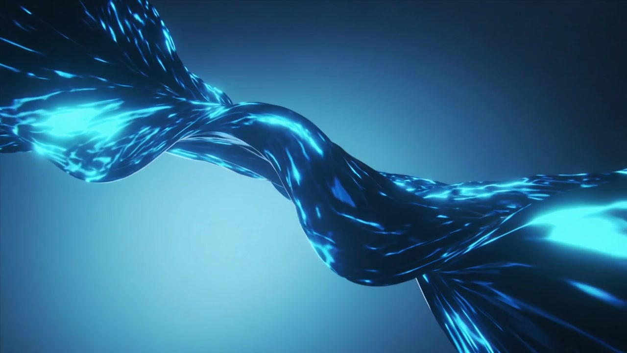 Entering from opposite sides two blue ribbons twisting trailing tails forming band on cyan backdrop