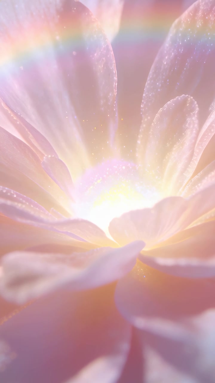 Video verticale: Luce che cambia, petali rosa a strati che sbocciano mostrando un bagliore e un arco arcobaleno in studio