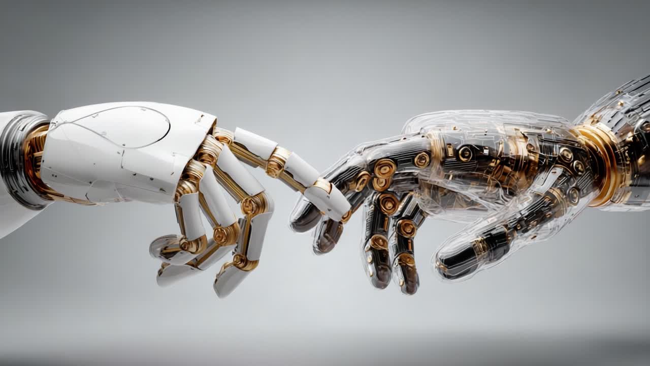 A Daring Exploration of Humanity and Technology: The Convergence of Organic and Robotic Hands Capturing a Profound Moment of Connection