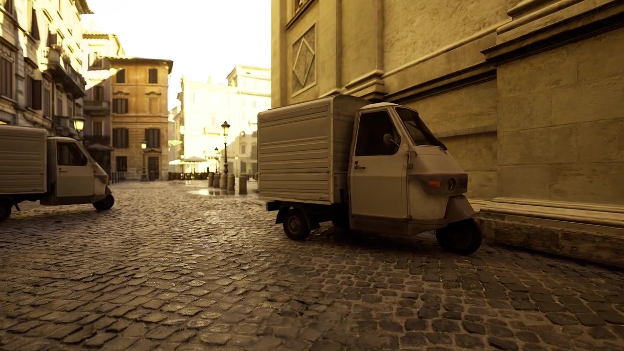 Casual city logistics captured in tranquil cobblestone setting at dusk