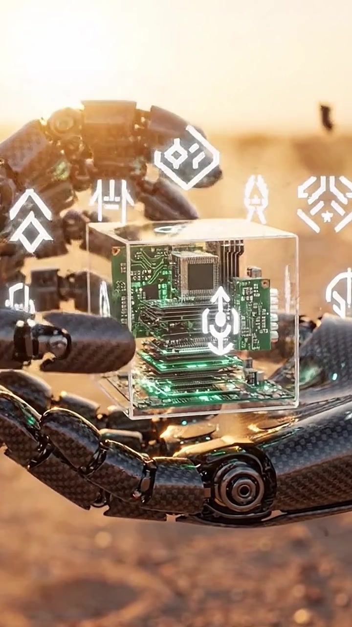 A futuristic robotic hand holds a transparent cube containing a circuit board, illuminated by sunlight and surrounded by abstract glowing symbols and particles.