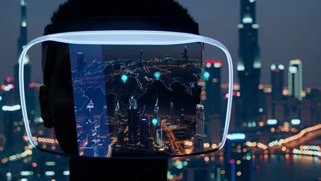 businessman wearing futuristic augmented reality visor analyzing dubai and asia map with location pins, planning future business and investments