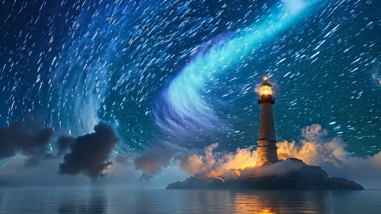 A lighthouse is lit up in the dark night sky. The lighthouse is surrounded by water and the sky is filled with stars. The scene is peaceful and serene