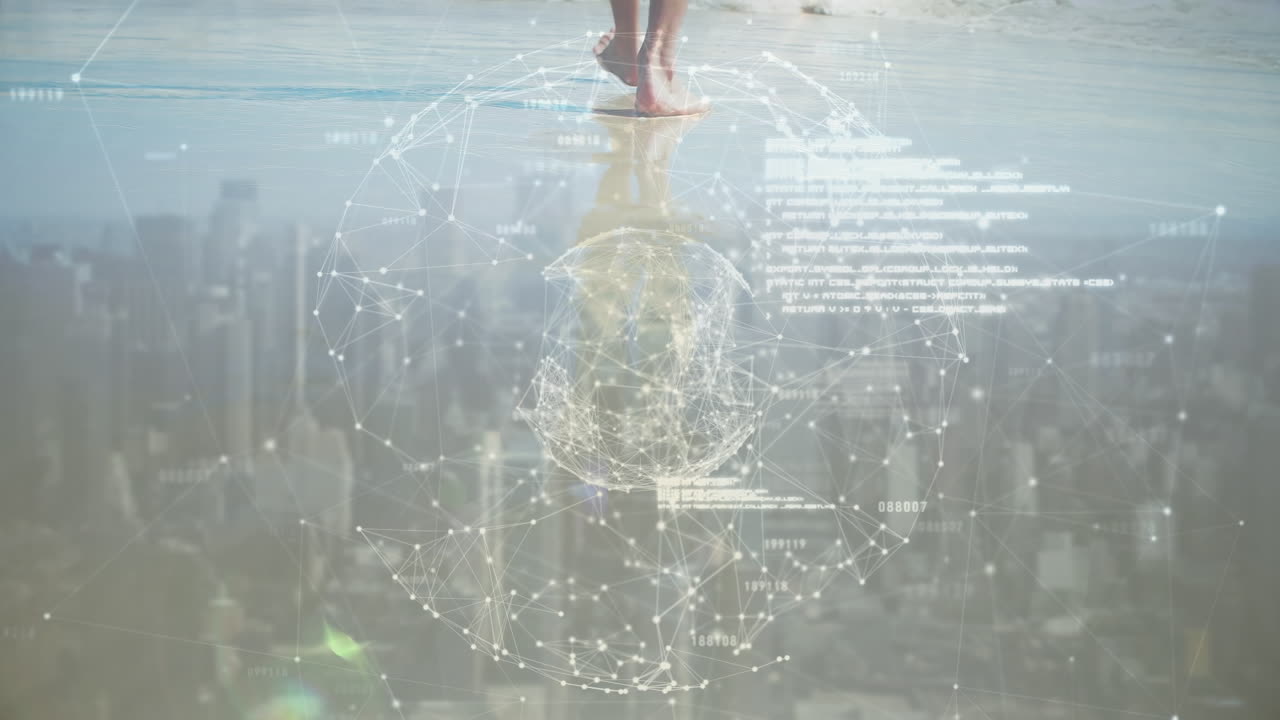 animación del globo de conexiones con procesamiento de datos y paisaje urbano sobre mujer caucásica en la playa