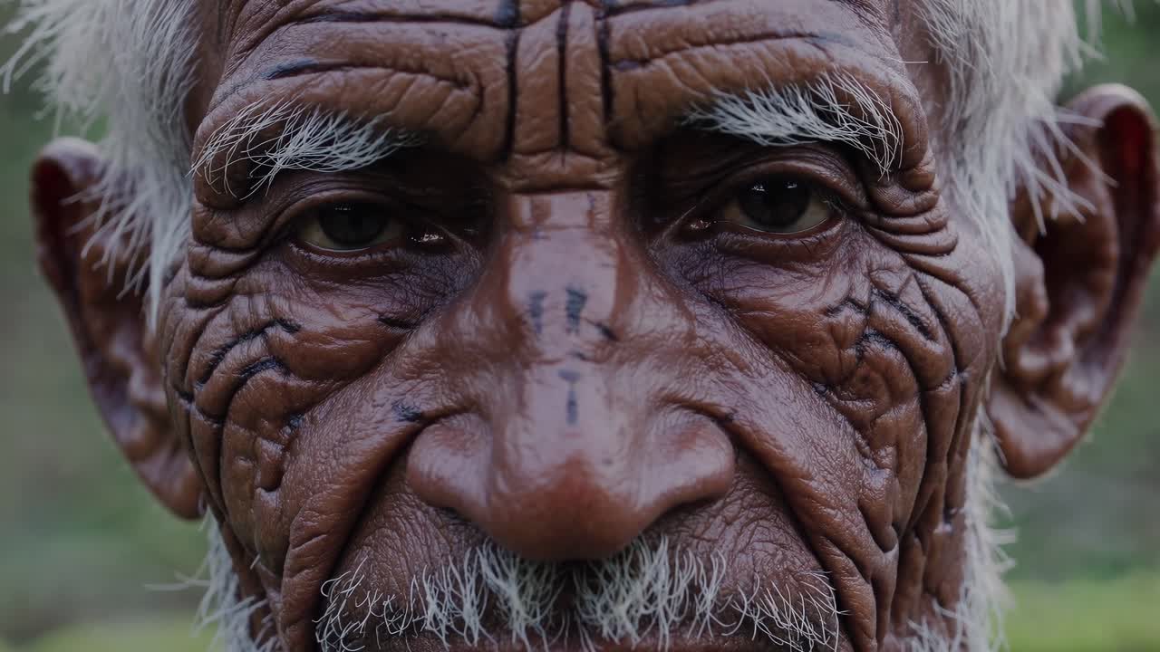 Weathered portrait capturing elderly tribal man's profound gaze, facial lines etching lifetime stories, traditional markings revealing cultural identity and ancestral connections
