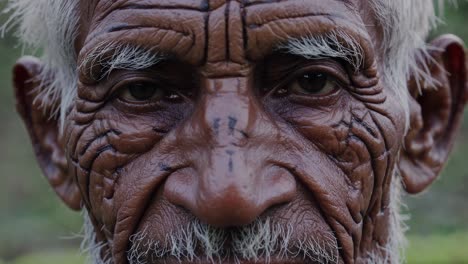 weathered portrait capturing elderly tribal man's profound gaze, facial lines etching lifetime stories, traditional markings revealing cultural identity and ancestral connections