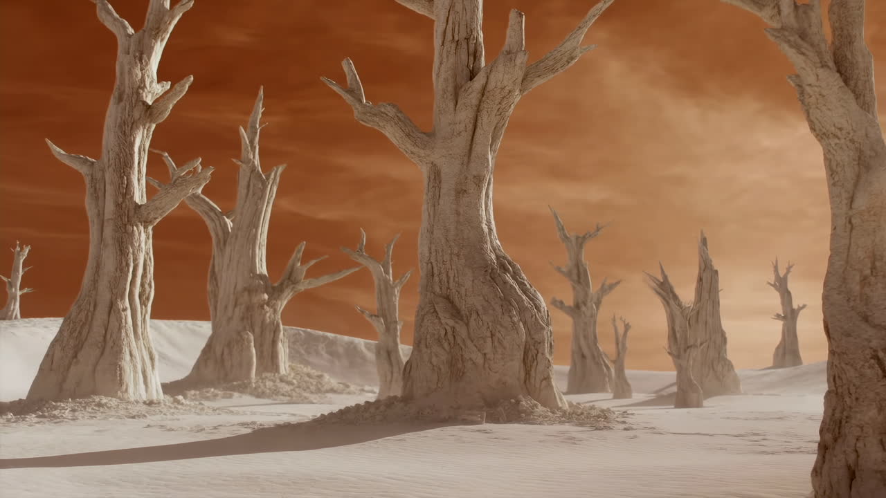 Barren Desert Dead Trees Orange Sky, Windswept Dunes And Cracked Trunks Casting Long Shadows, Sepia Tones