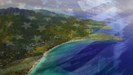 digital composition of waving us flag against aerial view of a island