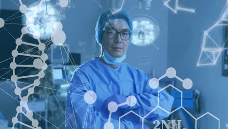 animación del procesamiento de datos médicos sobre un médico asiático con máscara facial