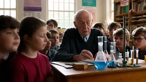 elderly teacher demonstrating science experiment to class of children