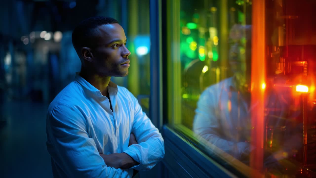 A Thoughtful Observer Engaged in Reflection Amidst Colorful Lights: A Captivating Moment of Contemplation and Inspiration in a Modern Scientific Environment