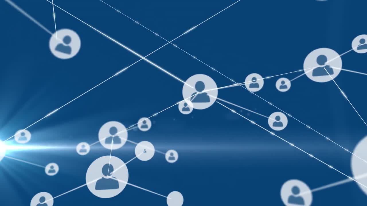 파란색 배경의 빛 트레일 위의 아이콘으로 연결 네트워크의 애니메이션