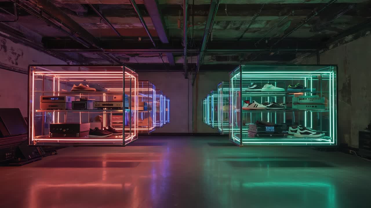Modern Art Exhibition with Neon Lit Display Cases