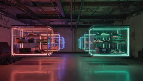 modern art exhibition with neon lit display cases