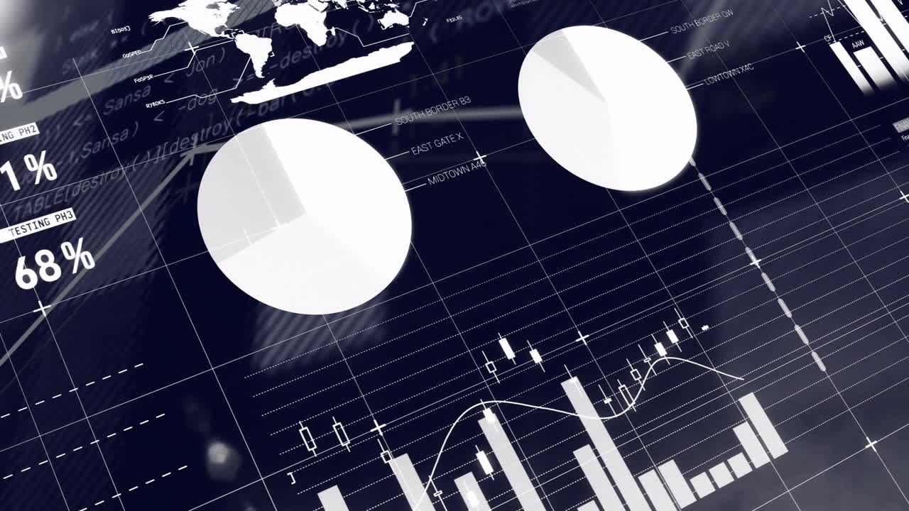 Finansiella datadiagram och grafer animering över världskarta och statistik