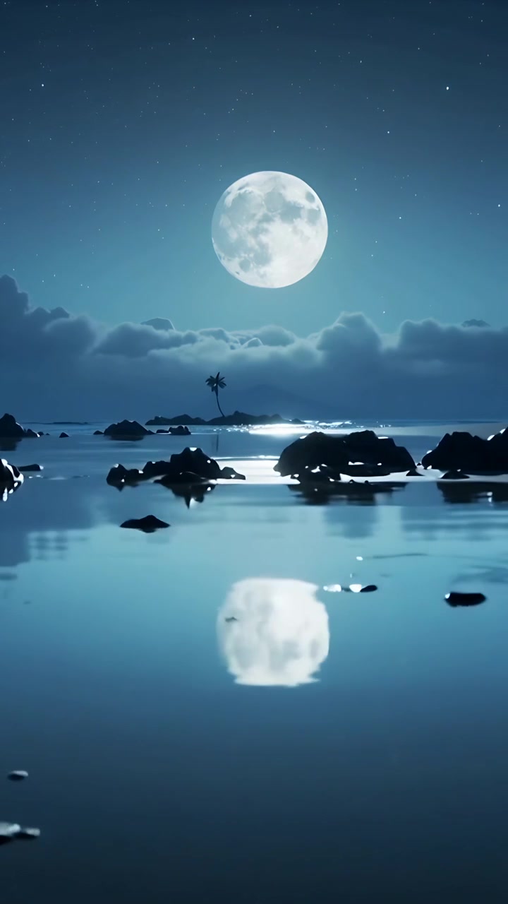 Video verticale: Telecamera con movimento fluido che mostra la luna piena riflessa su una piana di marea, avvicinandosi per rivelare le rocce.